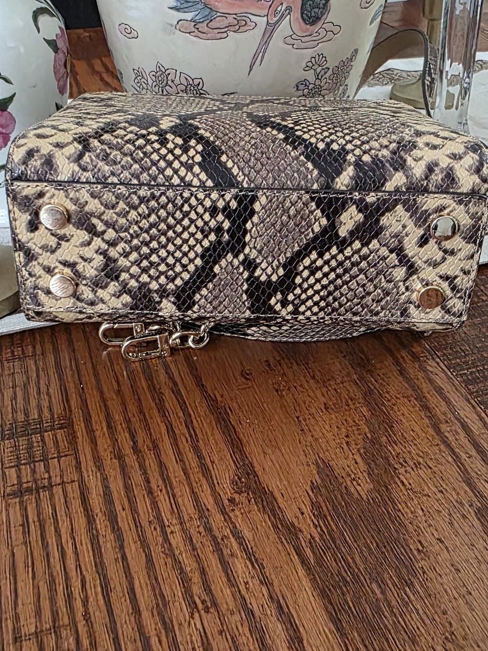 Michael Kors Beige Snake-Print Studded Satchel with Gold Hardware - Picture 6 of 7